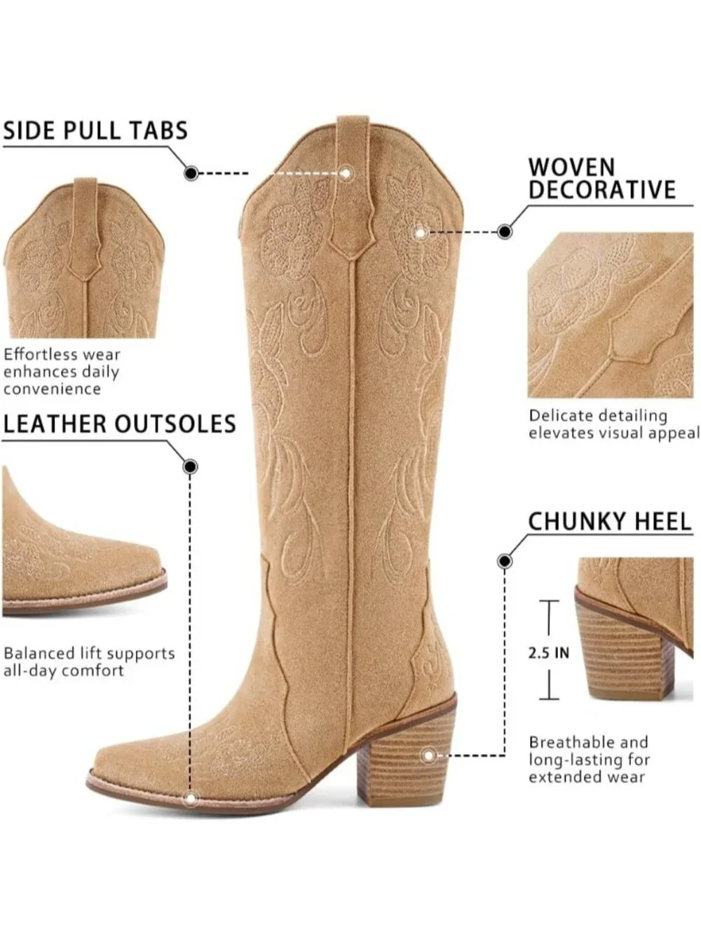 Women's Beige Embroidery Classic Chunky Heel Western Cowgirl Knee High Boots